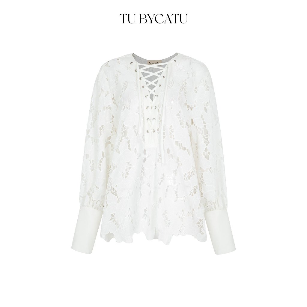 TUBYCATU | Basil white top áo tay dài đan dây chất liệu ren hoa nổi màu trắng