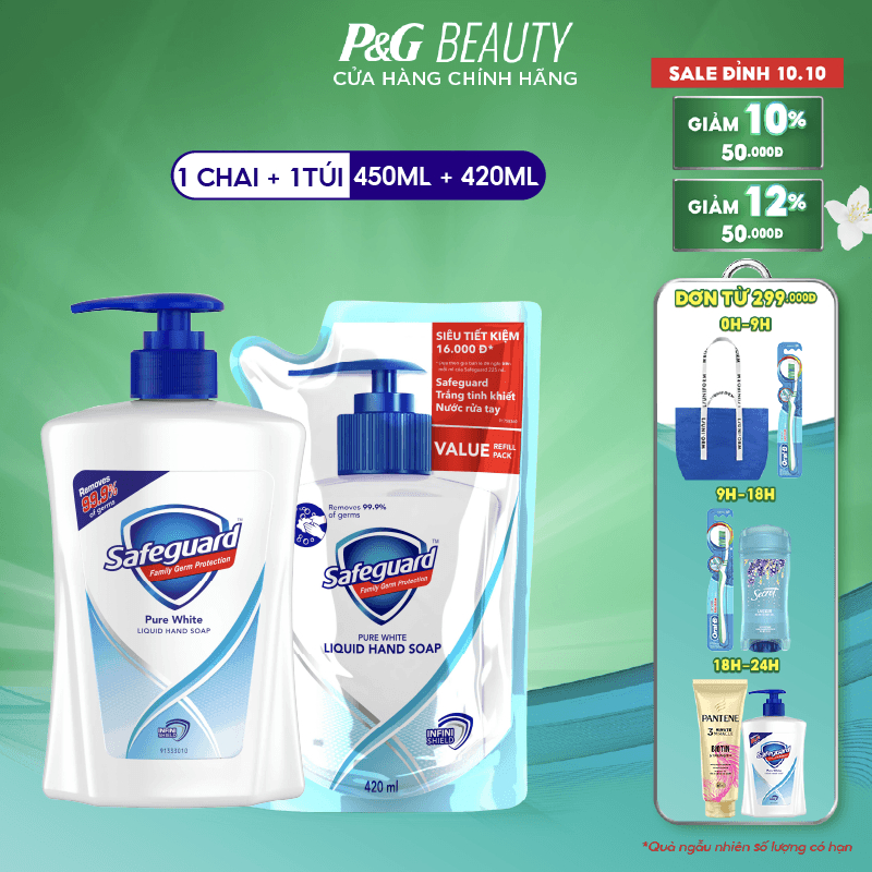 Combo 2 Nước Rửa Tay SAFEGUARD Sạch 99,9% Vi Khuẩn & Dịu Nhẹ Cho Da Chai 450ml & Túi 420ml Trắng Tinh Khiết