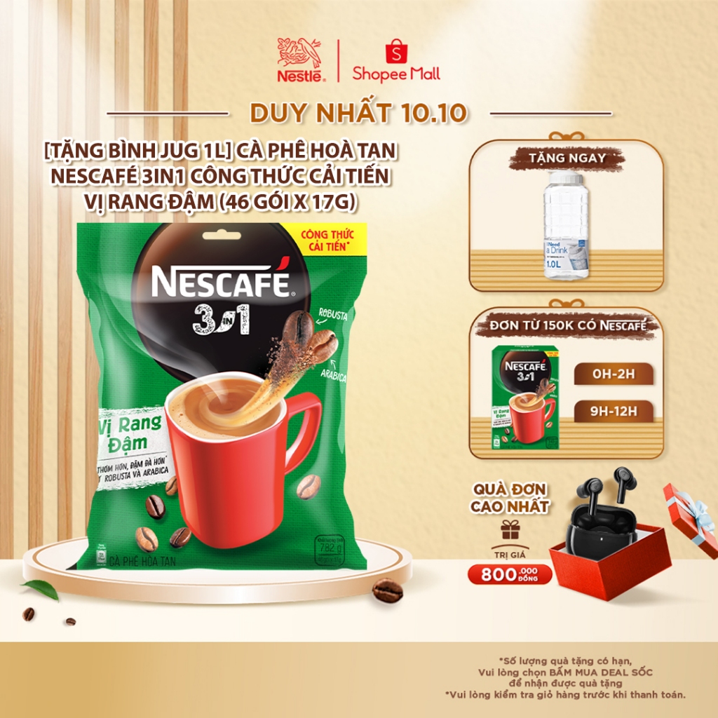 [Tặng bình Jug 1L] Cà phê hoà tan NESCAFÉ 3IN1 công thức cải tiến - vị Rang Đậm (46 gói x 17g)