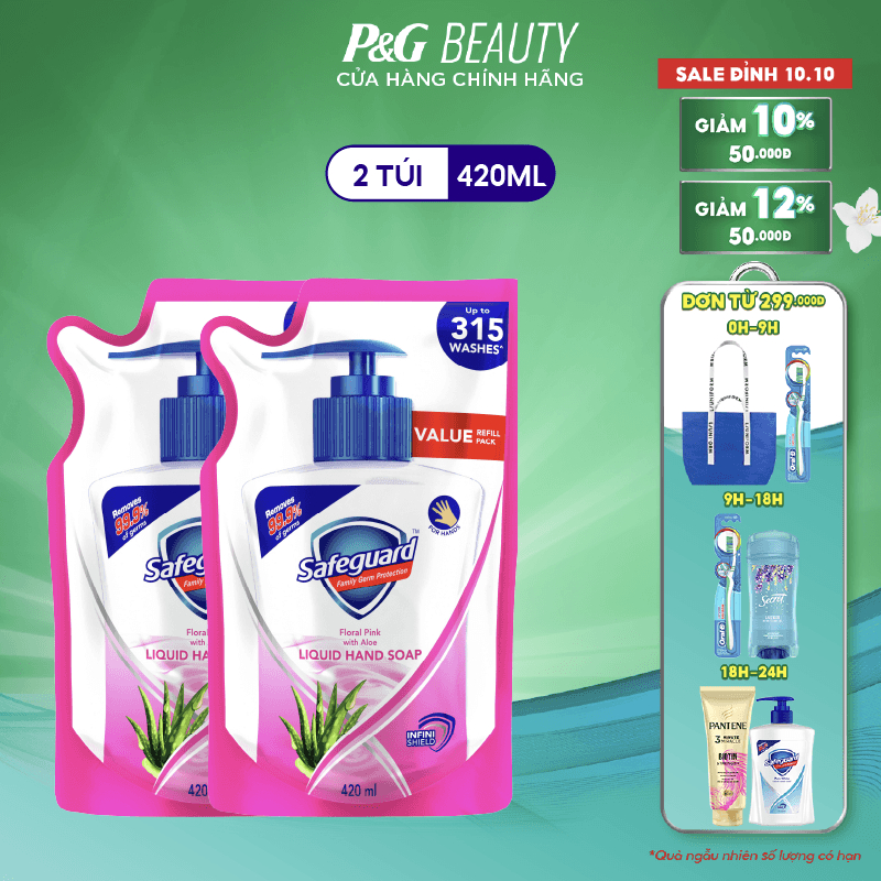 Combo 2 Nước Rửa Tay SAFEGUARD Sạch 99,9% Vi Khuẩn & Dịu Nhẹ Cho Da Túi 420ml Hoa Hồng Lô Hội