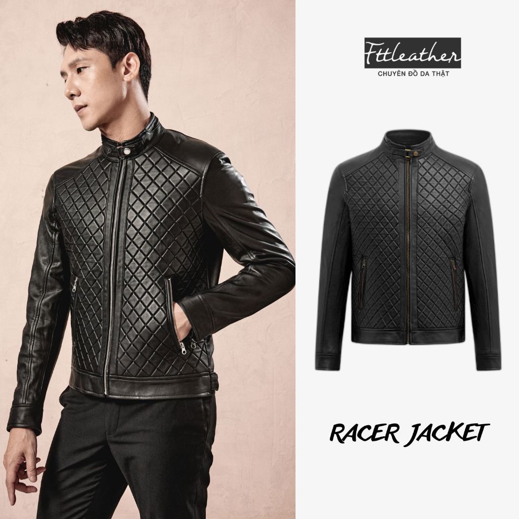 Áo da nam FTT Leather Racer Jacket da cừu khuy cổ thân chần trám - Mã AD211