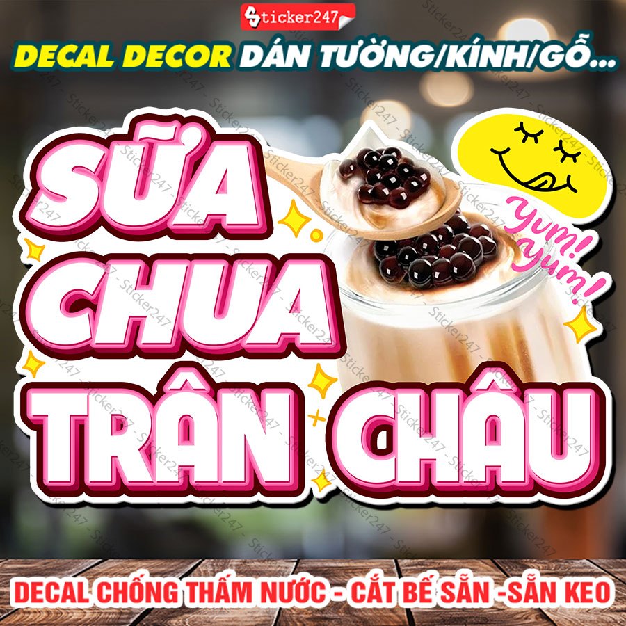 Tranh Dán Tường Sữa Chua Trân Châu 🌈 Decal Dán Tường Trang Trí Quán Trà Sữa, Cà Phê - Chống Thấm Nước, Cắt Sẵn