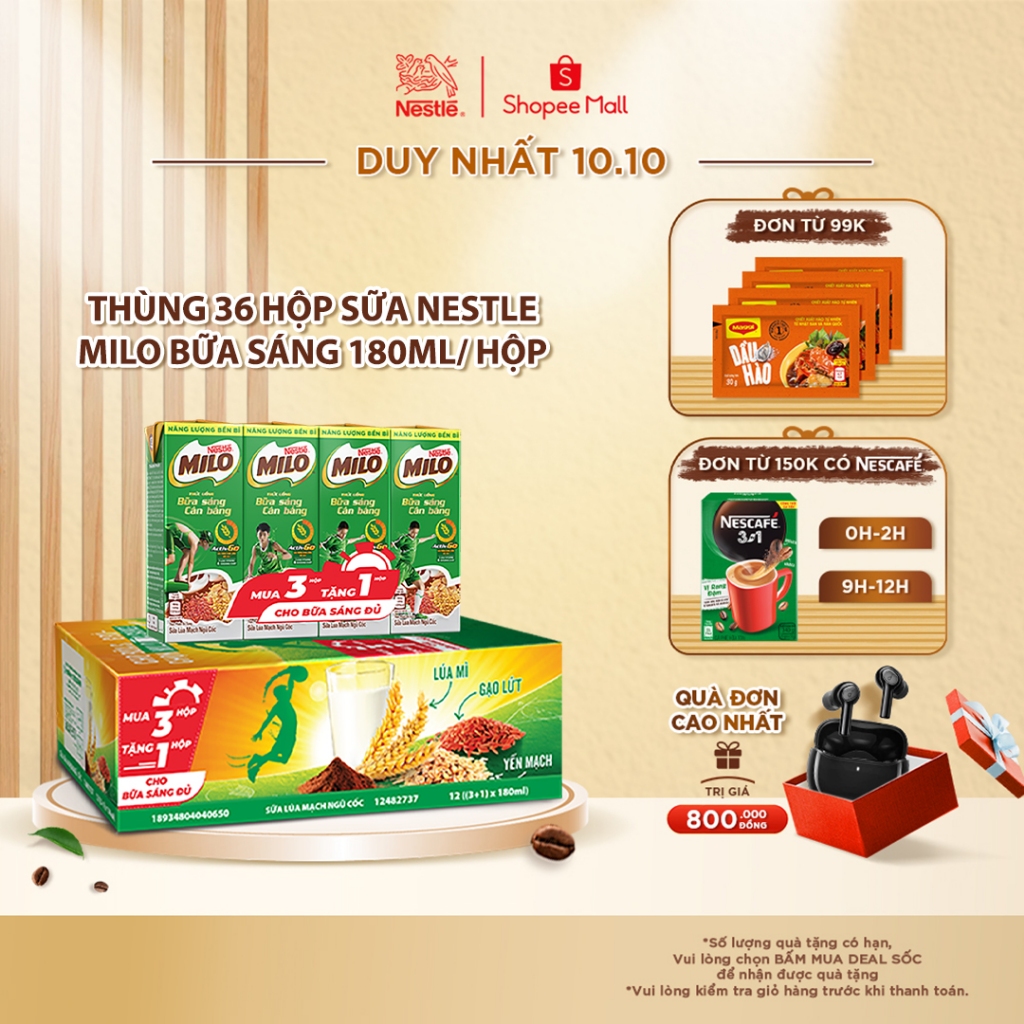 Thùng 36 hộp sữa Nestle Milo bữa sáng 180ml/ hộp