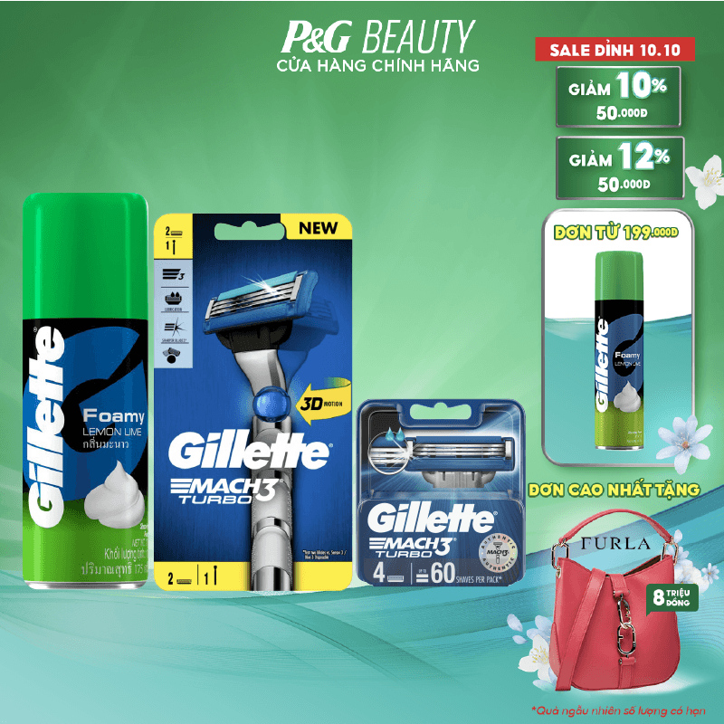 Combo 3 gồm Cán/ dao Gillette Mach3 Turbo, Lưỡi dao cạo râu Gillette Mach3 4s và Bọt cạo râu Gillette 175g