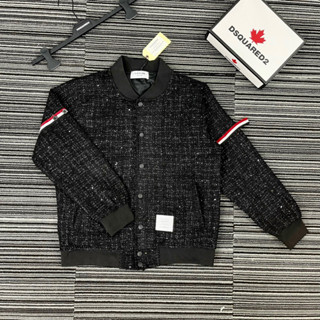 Áo khoác bomber nam nữ Thome vải dạ đan kim tuyến đen thêu sọc kẻ xanh trắng đỏ ống tay lót Siêu Hot 2023