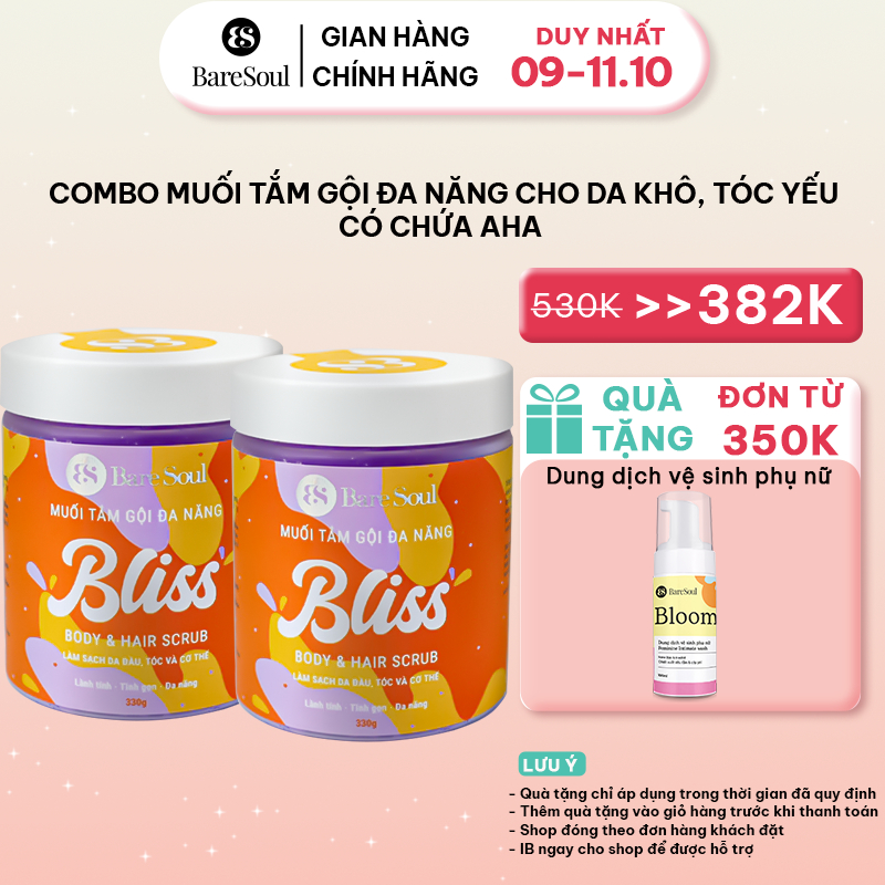 Combo 2 Muối tắm gội tẩy tế bào chết cơ thể, da đầu, tóc chứa AHA BareSoul BLISS Body & Hair Scrub 330gx2