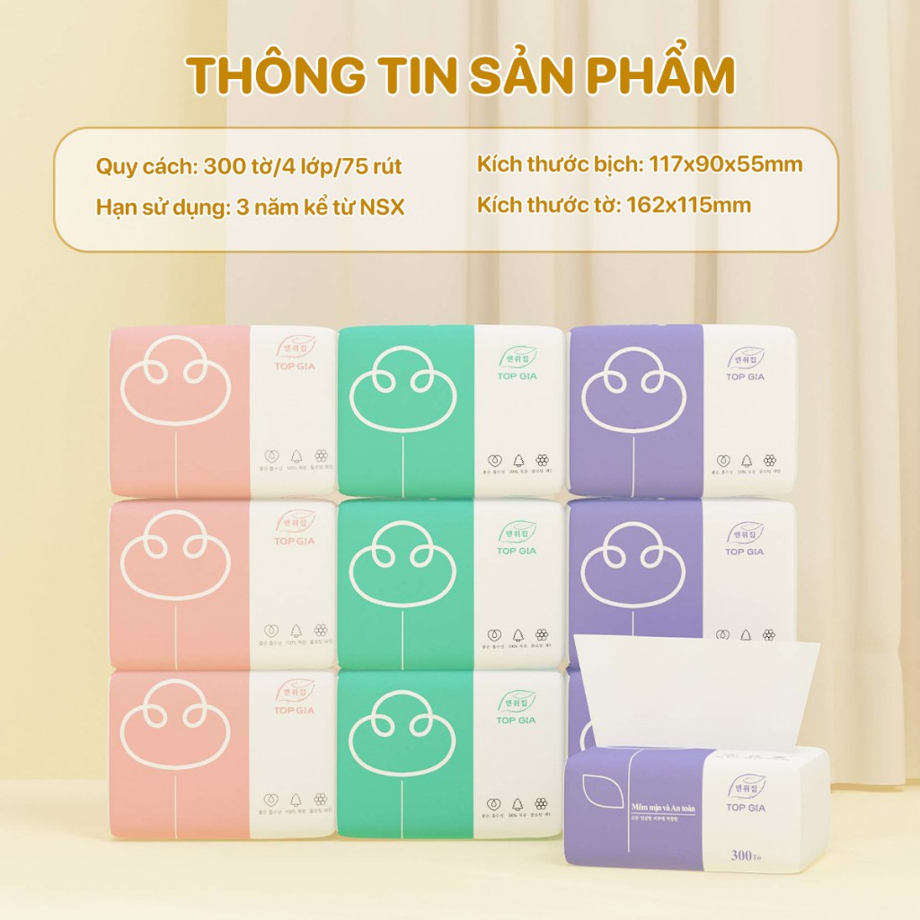 Giấy ăn rút cao cấp Top Gia thùng 30 gói/ túi 16 gói 4 lớp mix 3 màu cực xinh