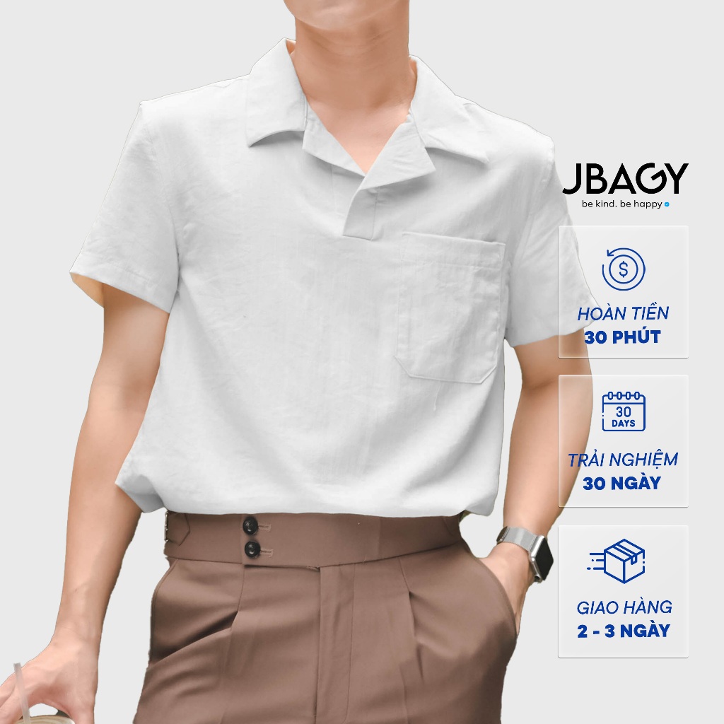 Áo sơ mi nam ngắn tay cổ chui vải đũi xước, áo cuban shirt cổ vest dáng suông thoáng mát thương hiệu JBAGY - JS0205