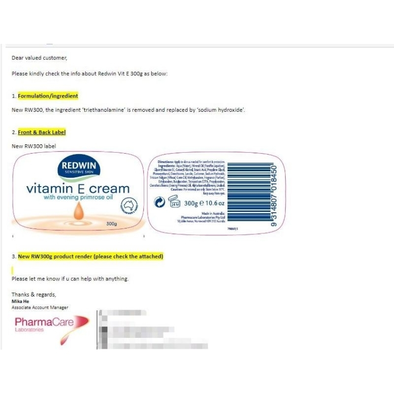 Kem dưỡng Redwin Vitamin E Cream 300g Úc chính hãng