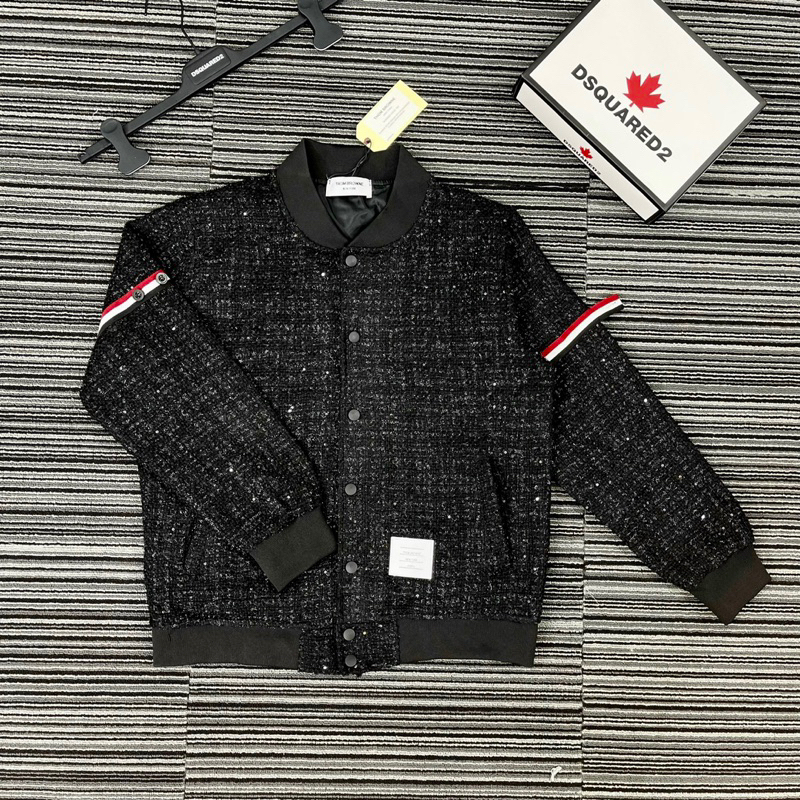 Áo khoác bomber nam nữ Thome vải dạ đan kim tuyến đen thêu sọc kẻ xanh trắng đỏ ống tay lót Siêu Hot 2023