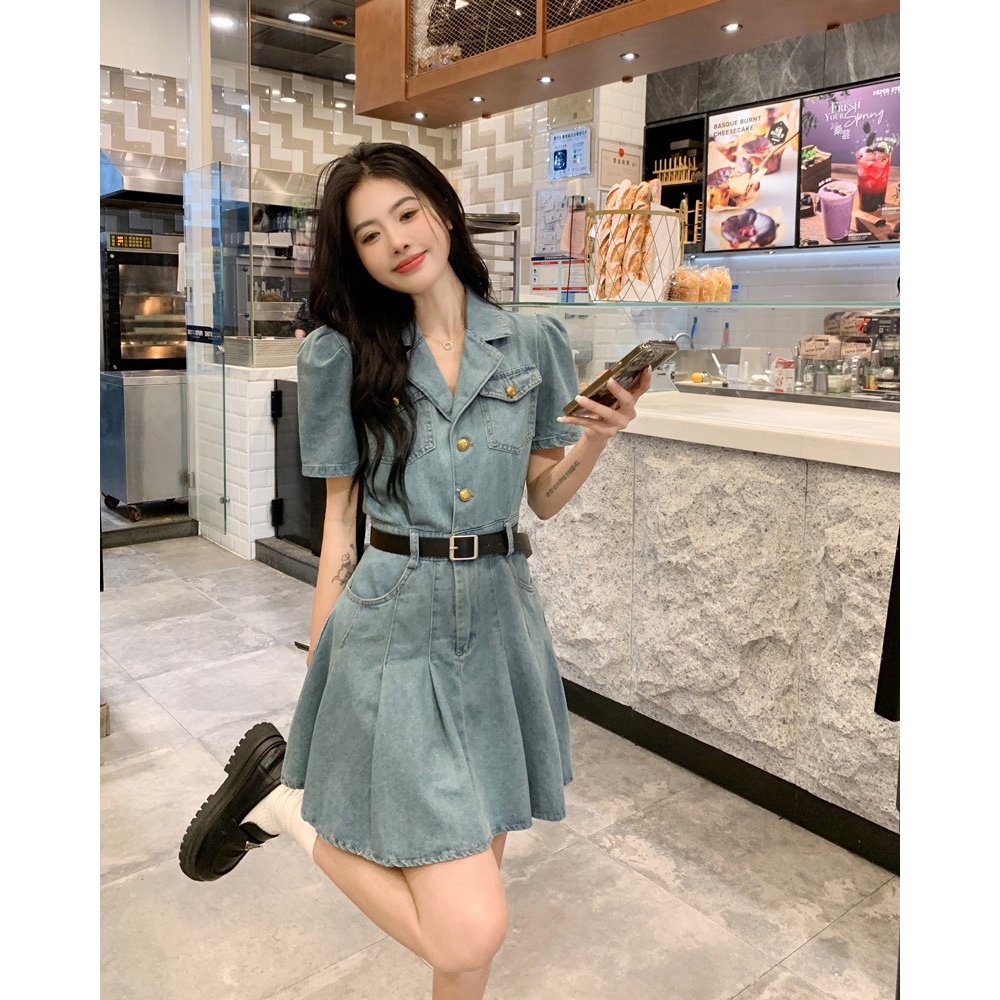 Váy Jean cổ vest xếp ly Tặng Kèm Dây Nịt, váy Jean nữ bò sang chảnh G345 mặc đi chơi siêu xinh hàng Hot Trend