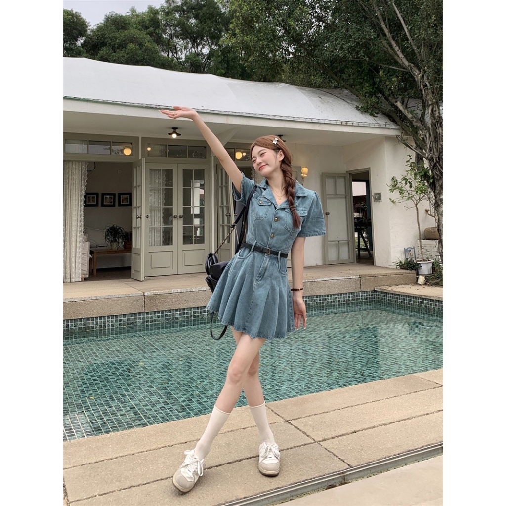 Váy Jean cổ vest xếp ly Tặng Kèm Dây Nịt, váy Jean nữ bò sang chảnh G345 mặc đi chơi siêu xinh hàng Hot Trend