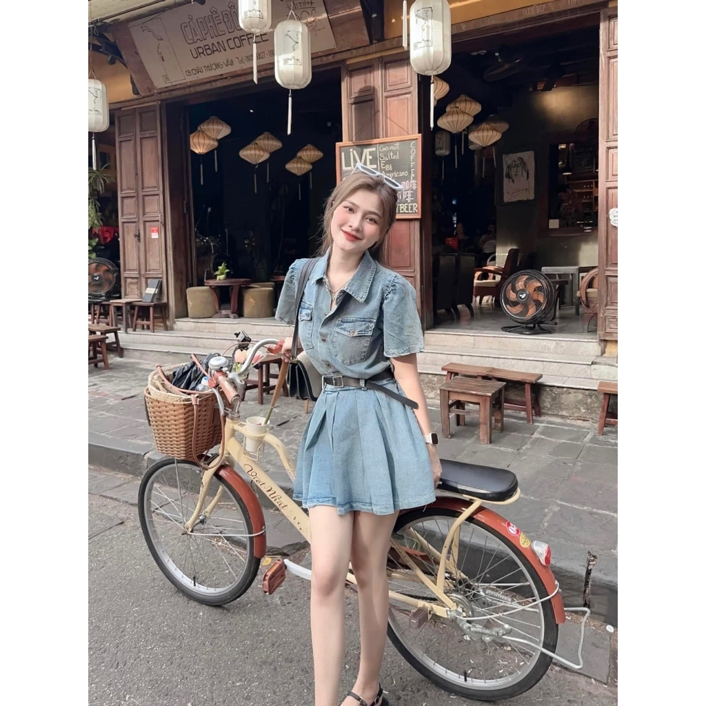 Váy Jean cổ vest xếp ly Tặng Kèm Dây Nịt, váy Jean nữ bò sang chảnh G345 mặc đi chơi siêu xinh hàng Hot Trend