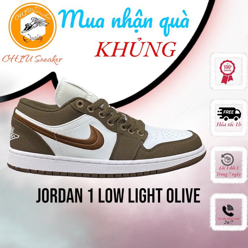 Giày sneaker vải nam nữ Jordan 1 Low Dark Olive Phiên bản cao cấp giày Jordan cổ thấp vải nâu cao cấp
