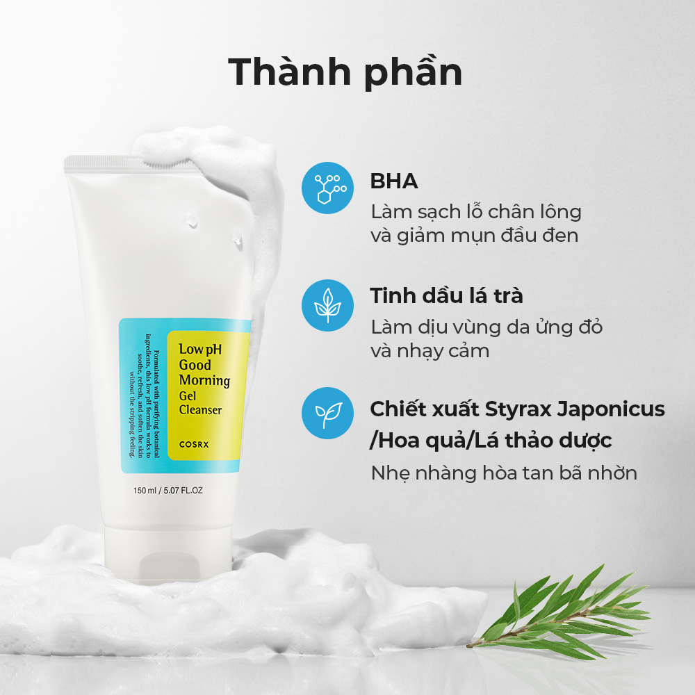 Sữa rửa mặt Cosrx Low pH Good Morning Gel Cleanser, Hàn Quốc  dạng gel chiết xuất trà xanh độ pH thấp