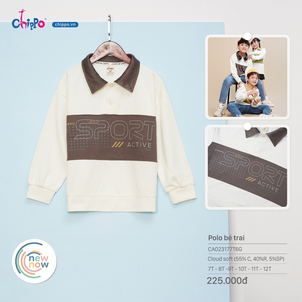 Áo thun Polo tay dài cổ bẻ Chippo cho bé trai từ 7 tuổi đến 12 tuổi (21-40kg) chất liệu 100% cotton mềm thoáng mát