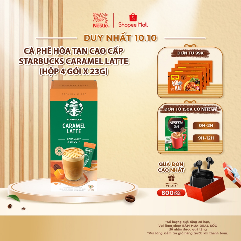 Cà phê hòa tan cao cấp Starbucks Caramel Latte (Hộp 4 gói x 23g)