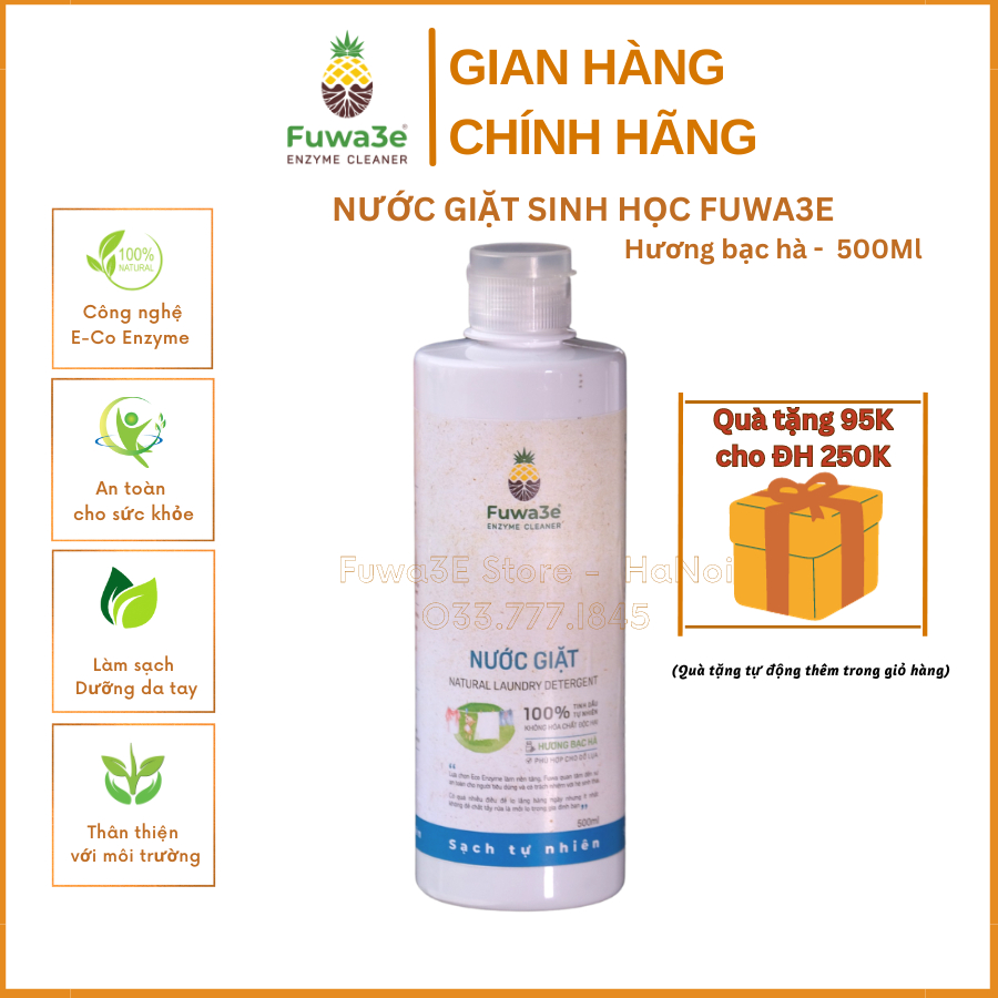 Nước giặt sinh học Fuwa3e hương bạc hà 500ml, nước giặt hữu cơ, giặt đồ gấm lụa, đồ lót, đồ em bé – 