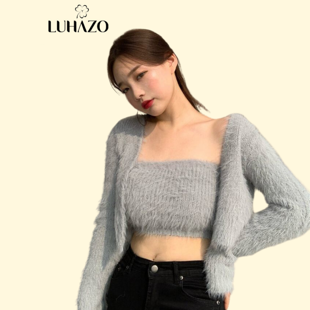 Set áo khoác len lông nữ cardigan 2chi tiết kèm áo hai dây dệt kim nữ dài tay dáng ngắn LUHAZO phong cách Hàn Quốc H-13
