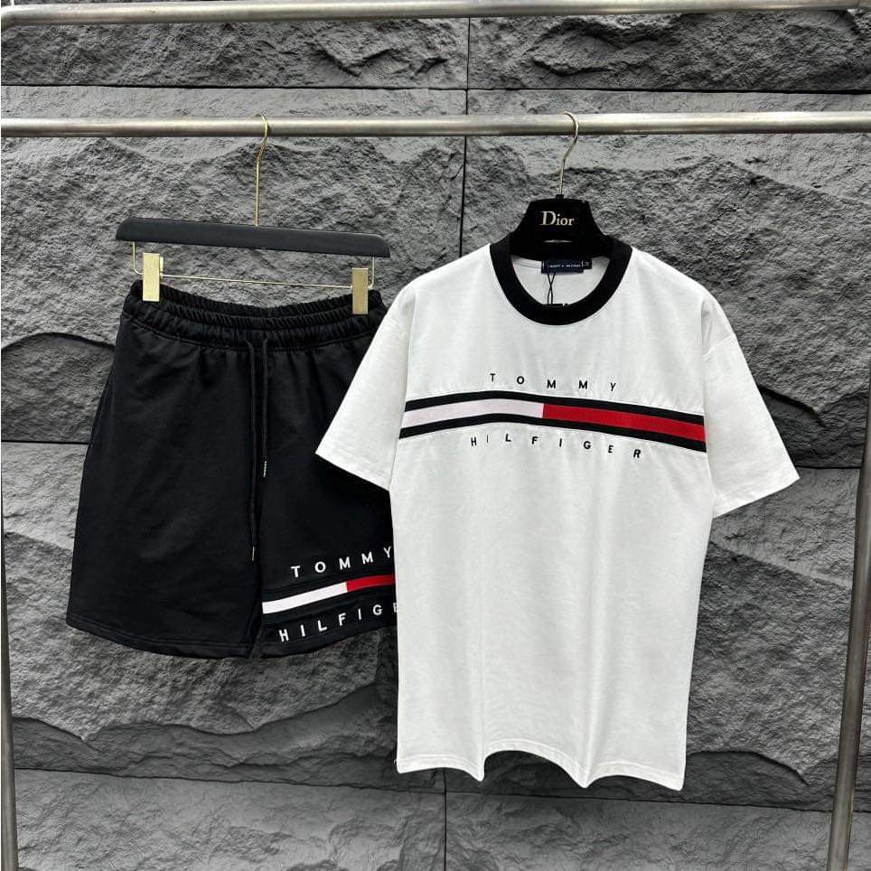 Bọ Đồ Tommy HILIGER Hè Kẻ Ngang Ngực Chữ ký Thể Thao Hot trend Dày Dặn Full Box- Set Cộc Tay Nam Siêu Rẻ Chất Co Giãn
