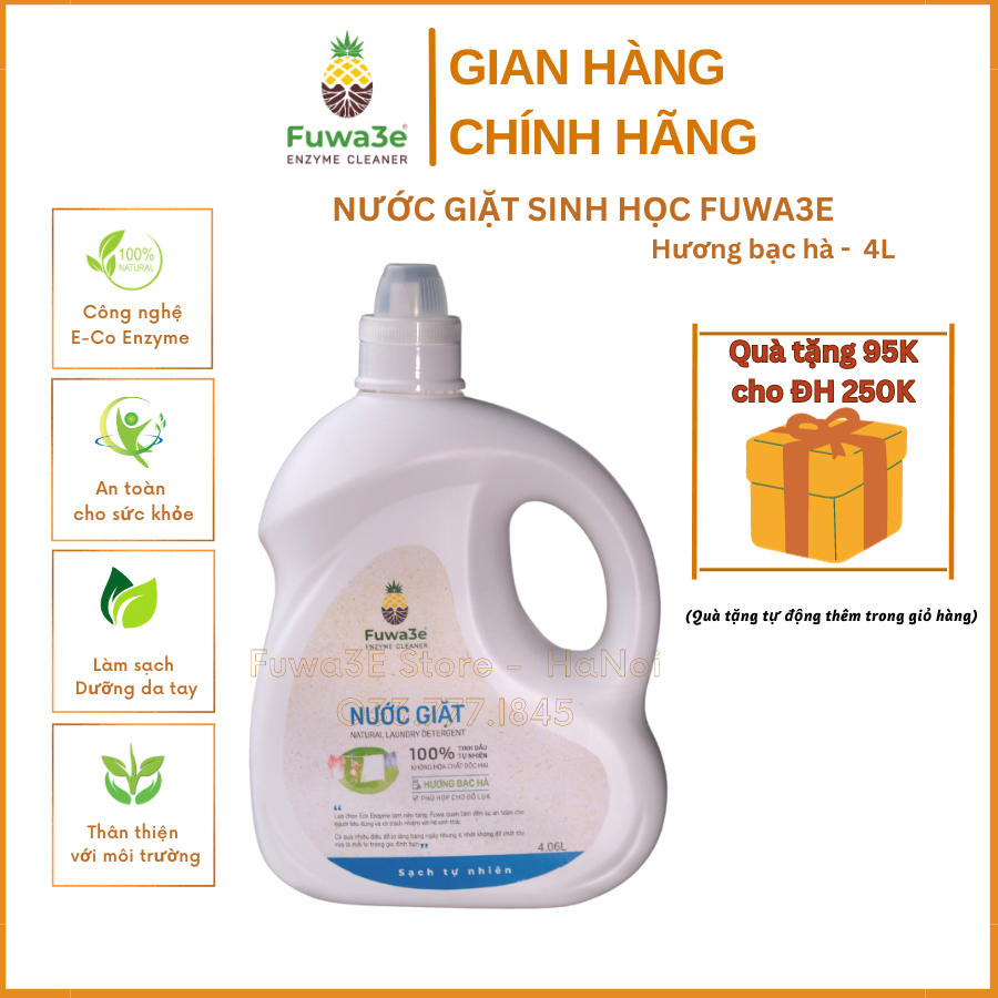 Nước giặt sinh học Fuwa3E hương bạc hà 4L, nước giặt cho vải gấm lụa, đồ sơ sinh - Fuwa3E Store HaNo