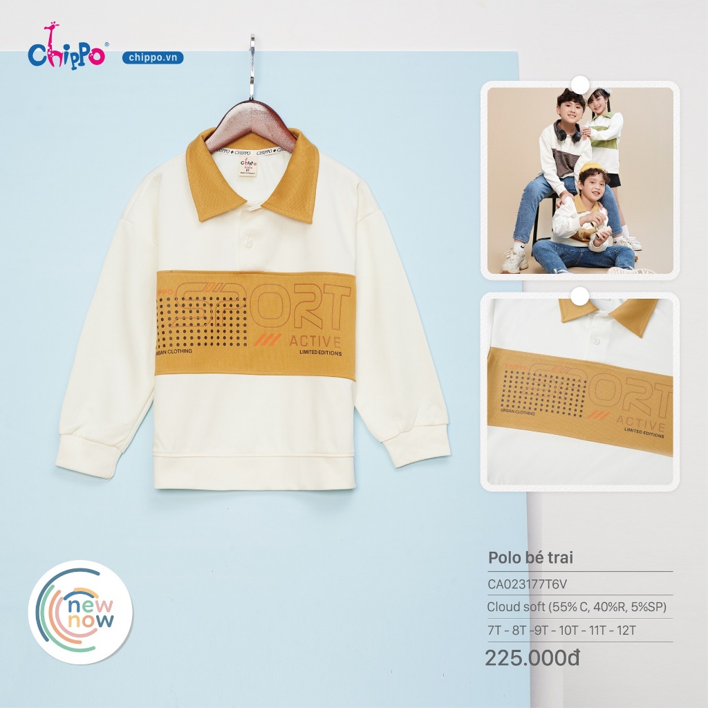 Áo thun Polo tay dài cổ bẻ Chippo cho bé trai từ 7 tuổi đến 12 tuổi (21-40kg) chất liệu 100% cotton mềm thoáng mát