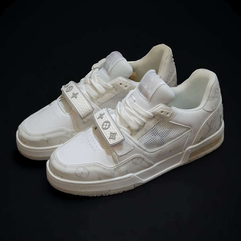 Giày Thể Thao Nam Lo.uis Vu.itton Trainer Sneaker WHITE TRẮNG KEM,LV Quai Dán Trắng,LV TRAINERS MONOGRAM WHITE DA THẬT