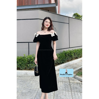 Đầm nhung đen trễ vai đính nơ xinh xắn