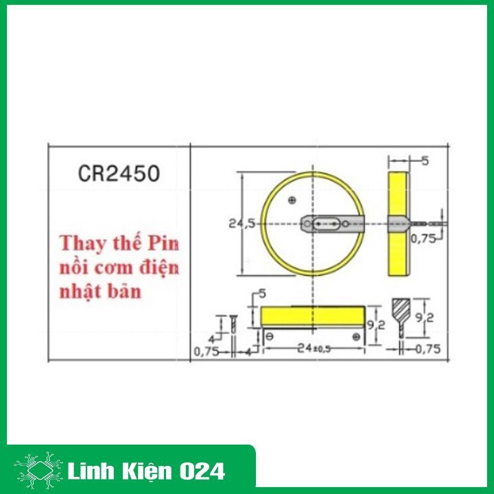 Pin liền đế CR2450 3V pin chân hàn khoảng cách 2 chân 10mm