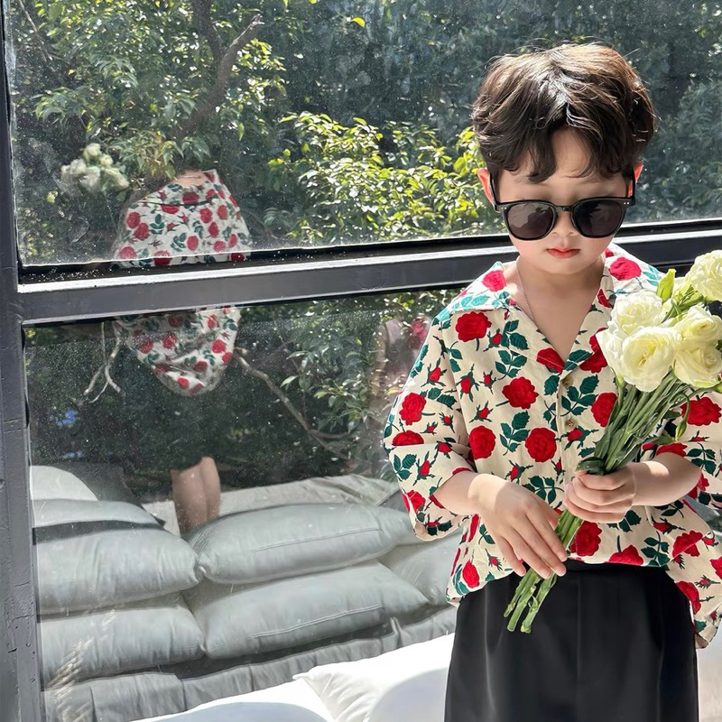 Áo sơ mi cho bé trai BATALA KIDS hoạ tiết HOA ĐỎ ĐEN siêu ngầu cho bé từ 10- 22kg SM-HOADODEN