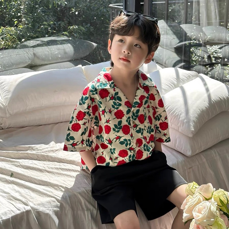 Áo sơ mi cho bé trai BATALA KIDS hoạ tiết HOA ĐỎ ĐEN siêu ngầu cho bé từ 10- 22kg SM-HOADODEN