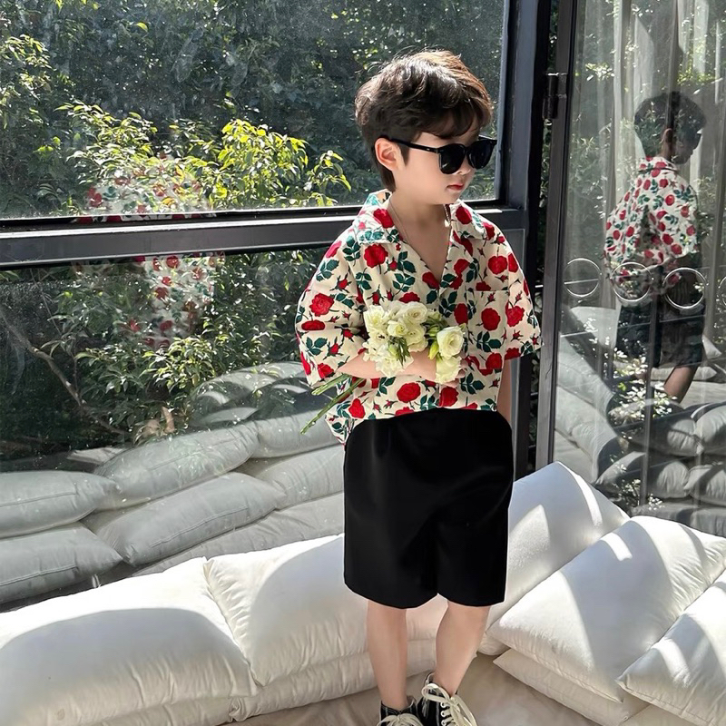 Áo sơ mi cho bé trai BATALA KIDS hoạ tiết HOA ĐỎ ĐEN siêu ngầu cho bé từ 10- 22kg SM-HOADODEN