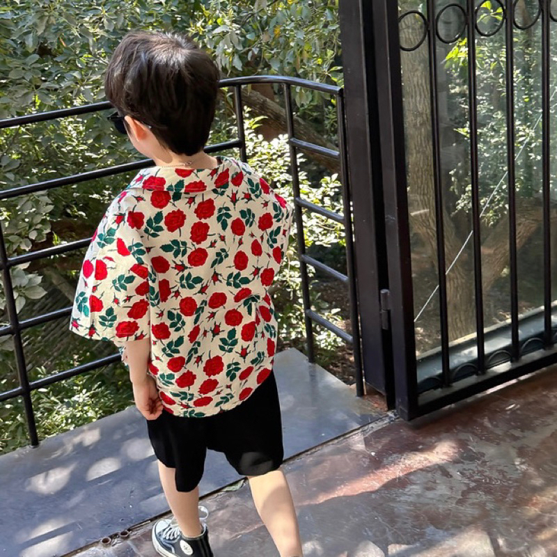 Áo sơ mi cho bé trai BATALA KIDS hoạ tiết HOA ĐỎ ĐEN siêu ngầu cho bé từ 10- 22kg SM-HOADODEN