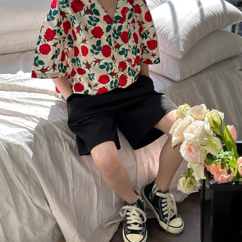 Áo sơ mi cho bé trai BATALA KIDS hoạ tiết HOA ĐỎ ĐEN siêu ngầu cho bé từ 10- 22kg SM-HOADODEN