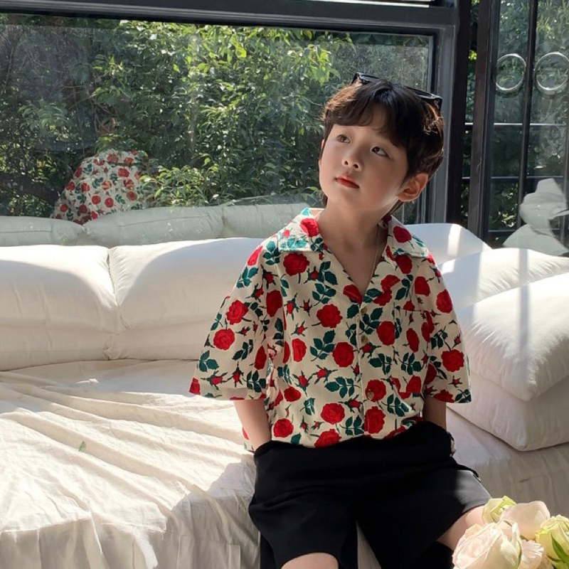 Áo sơ mi cho bé trai BATALA KIDS hoạ tiết HOA ĐỎ ĐEN siêu ngầu cho bé từ 10- 22kg SM-HOADODEN