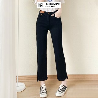 Quần jeans nữ ống đứng cạp cao vải dày mềm co dãn đính nút gấu quần Twentyfive 4495