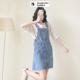 Chân váy yếm jeans dáng ngắn cúc cài hông gấu cắt tua rua Twentyfive 4541