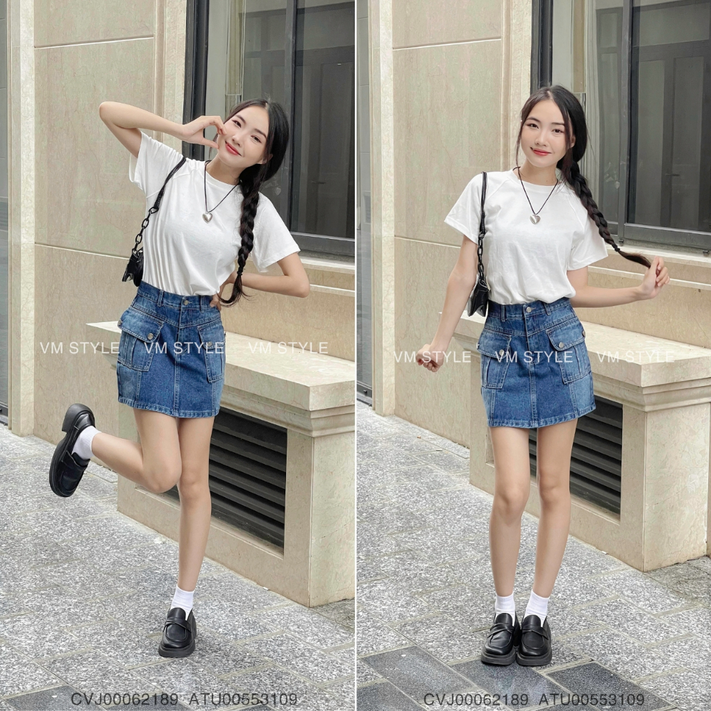 Chân váy jean denim nữ VMSTYLE ngắn cạp cao lai thường túi hộp 2 nút bên basic, cá tính đi chơi, dạo phố 20 - CVJ00062