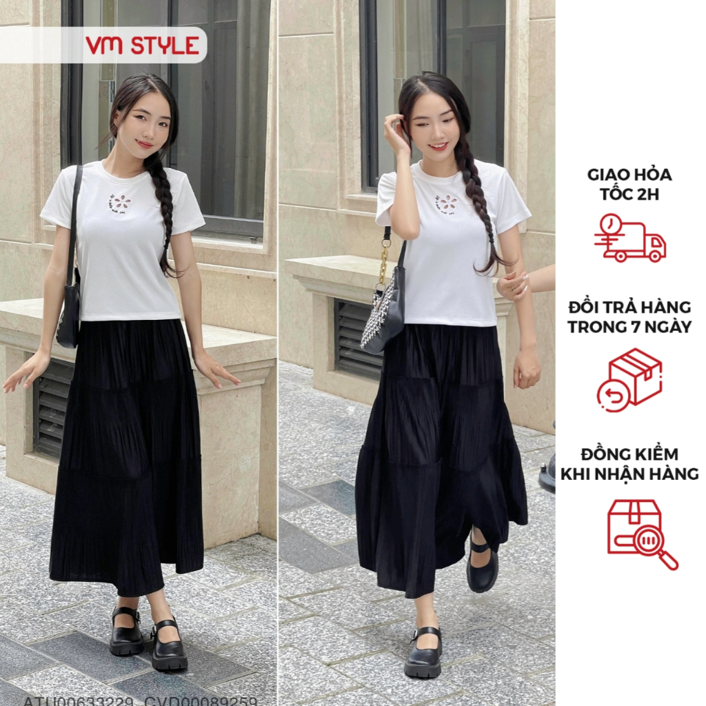 Chân váy dài nữ VMSTYLE form A nhiều tầng dập li lưng thun trơn basic đi học, đi làm, đi chơi 9806 - CVD00089