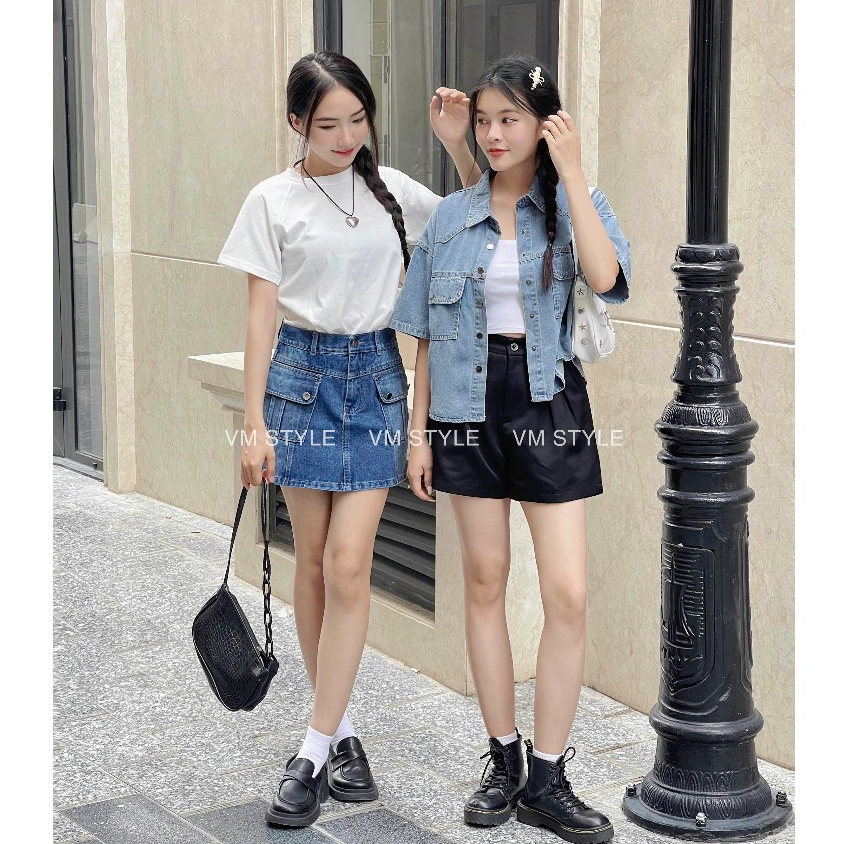 Chân váy jean denim nữ VMSTYLE ngắn cạp cao lai thường túi hộp 2 nút bên basic, cá tính đi chơi, dạo phố 20 - CVJ00062