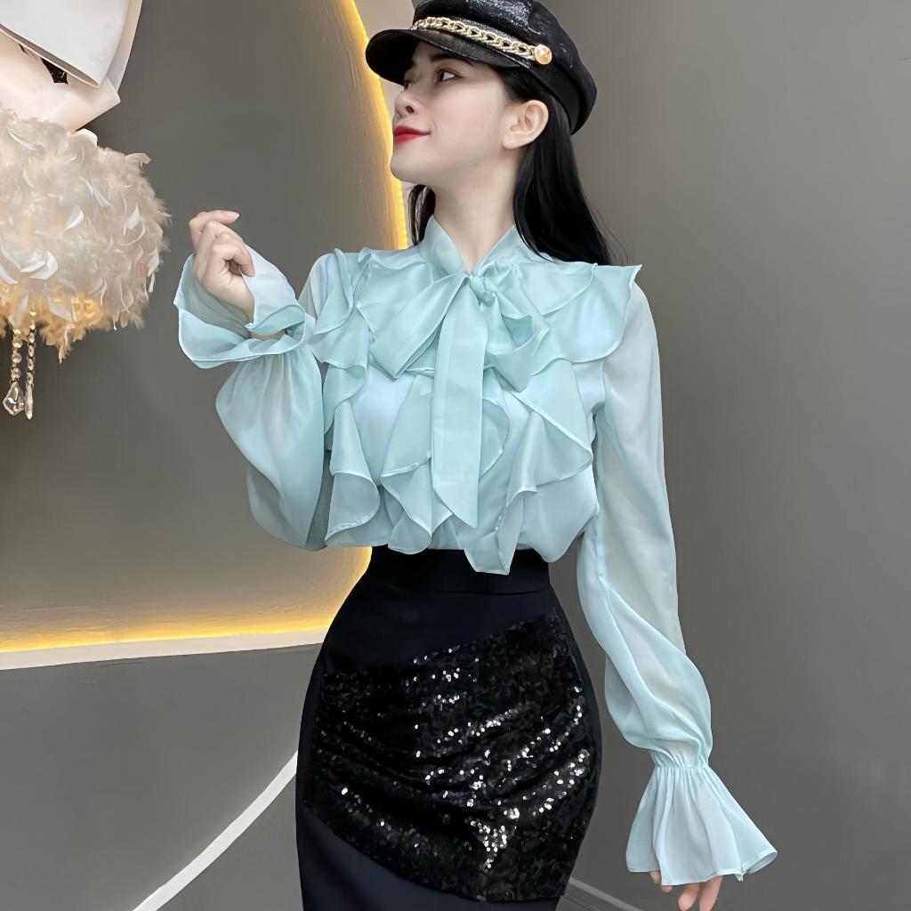 Áo Sơ Mi Thiết Kế Tơ Voan Bèo Phối Dây Cột Nơ Tay Dài Cách Điệu Dành Cho Nữ A312  - Thanh Tự