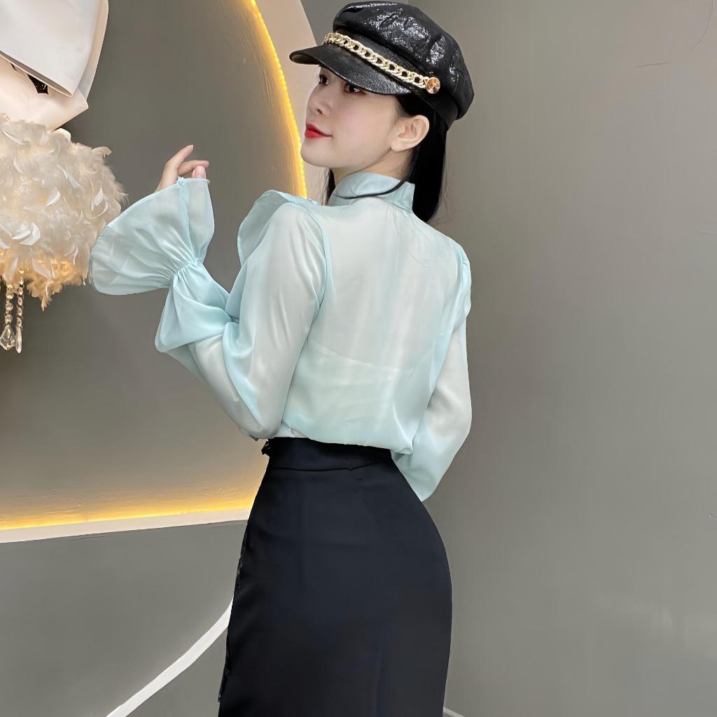 Áo Sơ Mi Thiết Kế Tơ Voan Bèo Phối Dây Cột Nơ Tay Dài Cách Điệu Dành Cho Nữ A312  - Thanh Tự