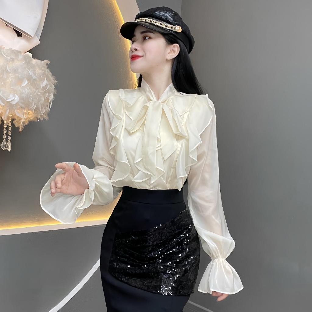 Áo Sơ Mi Thiết Kế Tơ Voan Bèo Phối Dây Cột Nơ Tay Dài Cách Điệu Dành Cho Nữ A312  - Thanh Tự