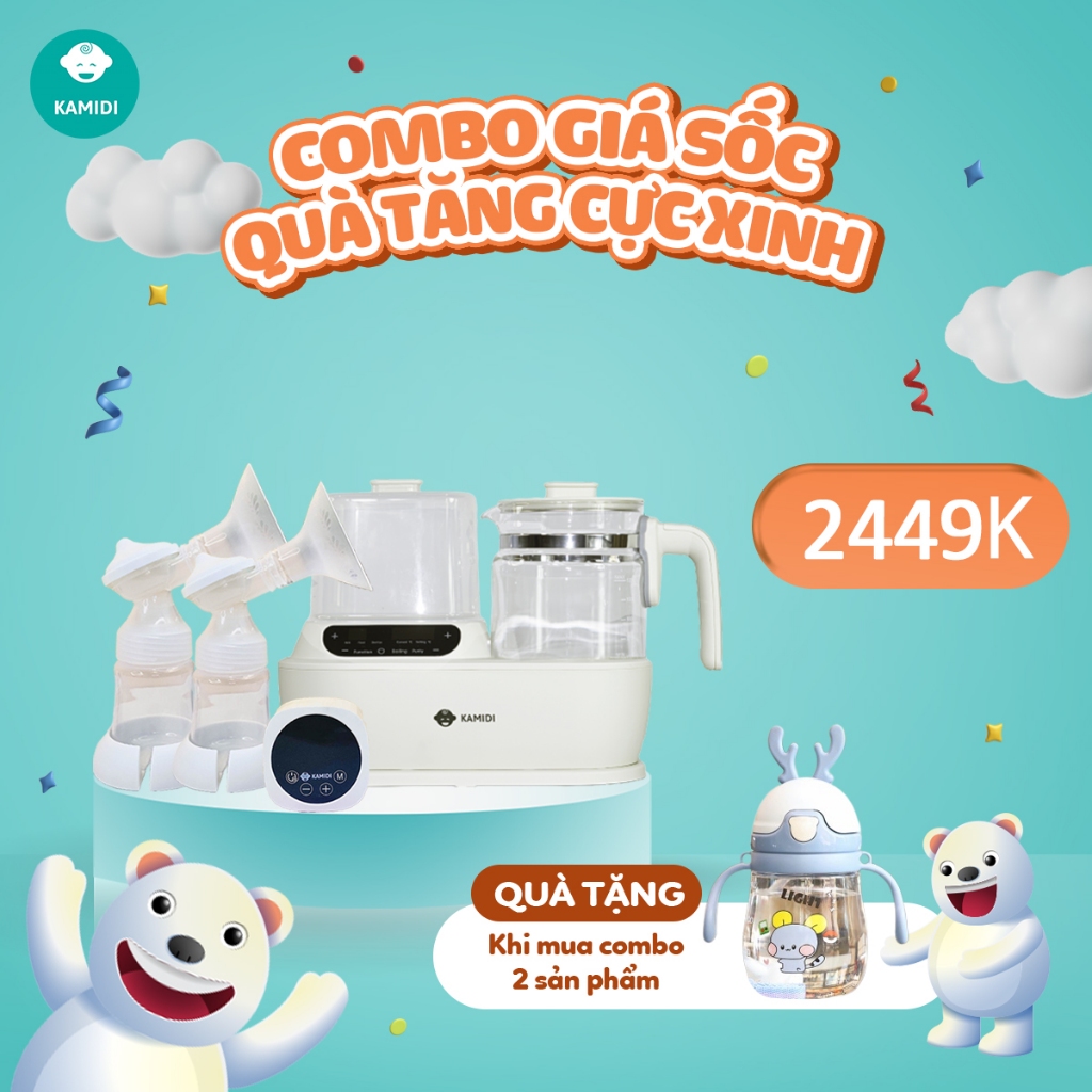 Máy Hút Sữa Silicon Kamidi Max Điện Đôi Combo Tặng Bình Nước Tập Hút Cho Bé