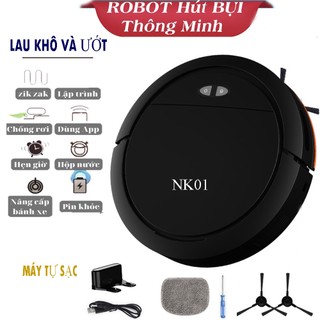 MỚI Robot Hút Bụi, Máy Hút Bụi Lau Nhà NK01 - Lực Hút Mạnh , Có Hộp Nước, App Điều Khiển, Chống Rơi.Điều Khiển Giong Nói