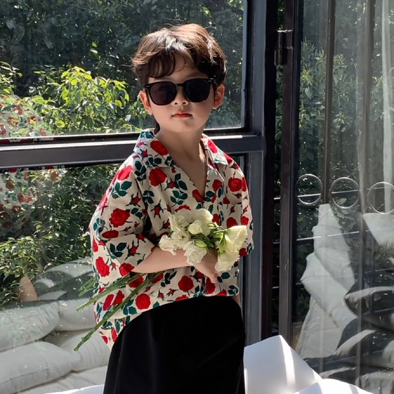 Áo sơ mi cho bé trai BATALA KIDS hoạ tiết HOA ĐỎ ĐEN siêu ngầu cho bé từ 10- 22kg SM-HOADODEN