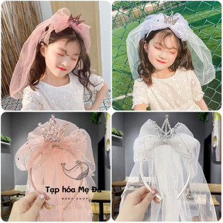Băng đô vương miện công chúa/cài tóc đính voan ren gắn hạt lấp lánh cho bé chụp ảnh sinh nhật
