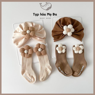  Set mũ turban cho bé sơ sinh/nón turban đính nơ màu trà sữa kèm tất hoa phong cách Hàn Quốc cho bé 0-12 tháng
