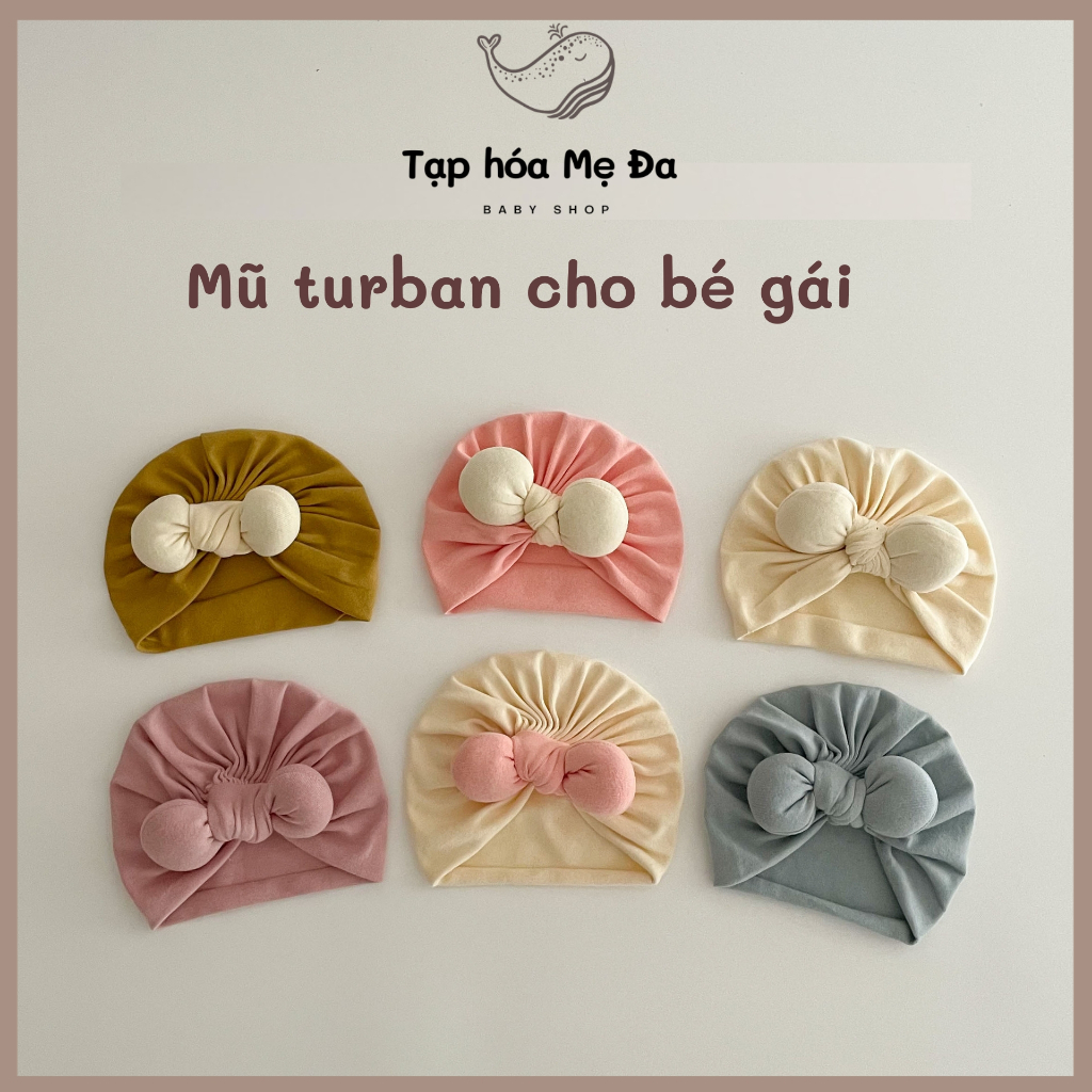Set mũ turban cho bé sơ sinh/nón turban đính nơ màu trà sữa kèm tất hoa phong cách Hàn Quốc cho bé 0-12 tháng