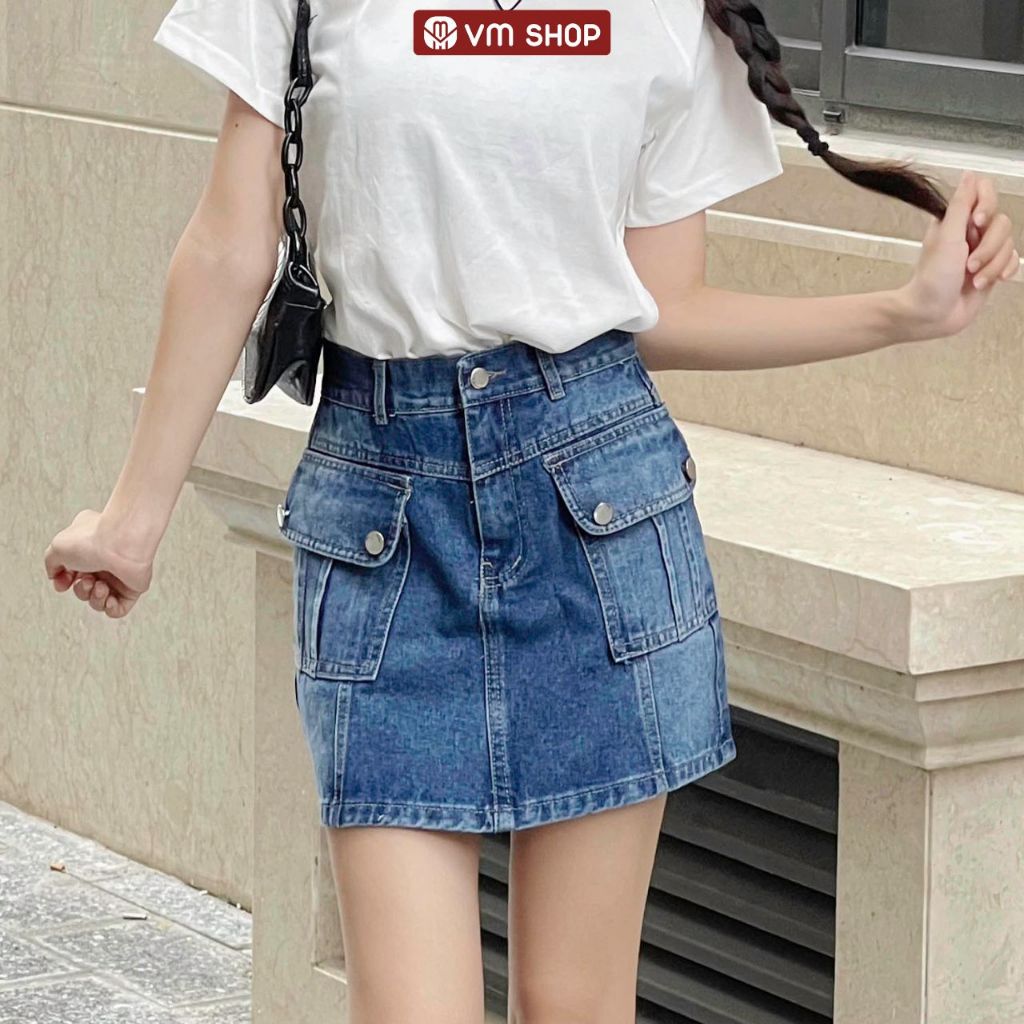 Chân váy jean VM Shop nữ form ngắn cạp cao lai thường 2 nút túi hộp thời trang 20 CVJ00062